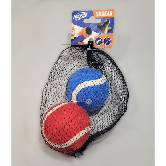 Nerf Squeak Dog Toy Bag Tennis Ball Mesh 2-Pack Red Blue - Picture 1 of 2